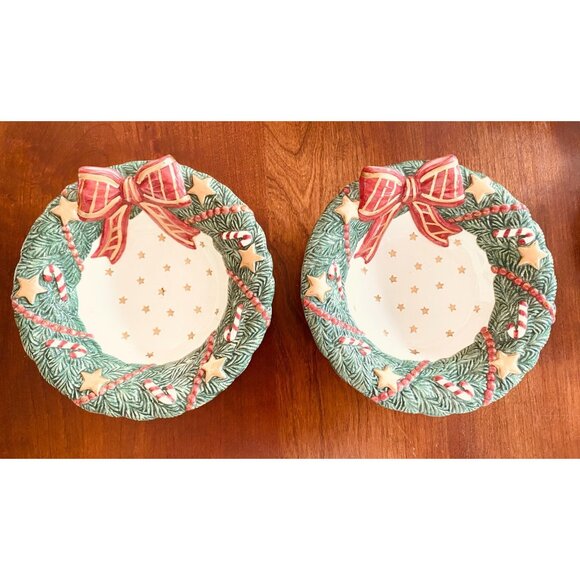 Fitz and Floyd Bow Candy Bowl Set of 2 With Christmas Tree Design 7" Wide - Picture 1 of 8